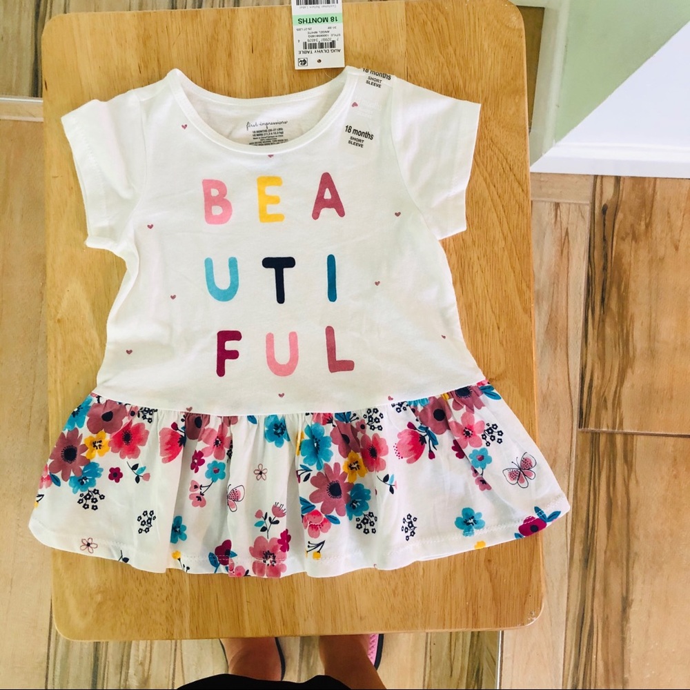 White dress, floral ruffle “First Impressions” 18m